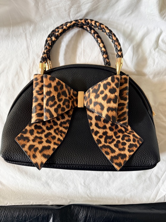 Crossi Handbags - Black Satchel Bag with Leopard Bow Accent by